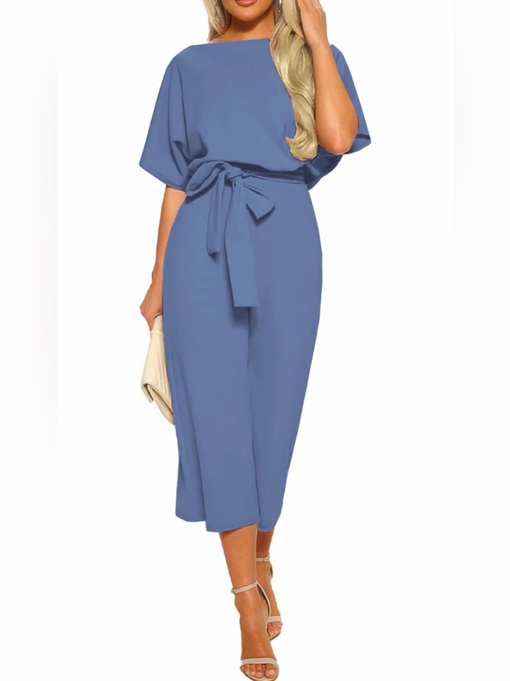 LYANER Women's Round Neck Short Sleeve Waist Tie Romper Wide Leg Pant Jumpsuit
